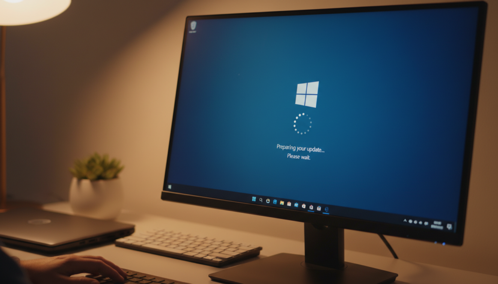A close-up view of a computer desktop displaying the Windows 11 startup screen, with a noticeable loading symbol indicating a slow boot after an update. The foreground features a dark-themed taskbar with a prominent Windows icon, while the middle layer showcases a dimly lit, slightly blurred monitor displaying the logo and loading animation in shades of blue and white. The background includes an organized desk with a sleek laptop, a potted plant, and soft ambient lighting that creates a calming atmosphere. The mood is one of anticipation and subtle frustration, emphasizing the technological delay. The scene is well-composed, captured from a slight angle to add depth and intrigue.