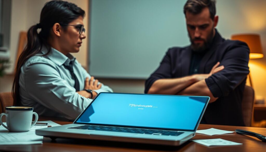 A close-up view of a computer screen displaying a Windows update progress bar stuck at 75%. The foreground features a frustrated user, a professional in smart casual attire, looking intently at the screen with crossed arms, conveying a sense of urgency. The middle ground shows the laptop with a sleek, modern design, reflecting the glow from the screen onto the user's face. Subtle elements like a cup of coffee and scattered papers hint at a work environment. The background consists of a softly blurred office setting with warm lighting, evoking a tense yet focused atmosphere. The image captures a moment of anticipation and concern, emphasizing the frustration often associated with updates getting stuck.