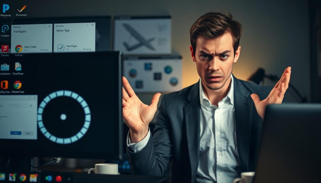 A cluttered desktop screen displaying various slow-loading Windows applications, with a spinning loading icon prominently featured in the foreground. In the middle layer, a frustrated user with a furrowed brow sits at their desk, dressed in a smart-casual outfit, with hands raised in exasperation. The background features a dimly lit room with a faint glow from the computer screen, and a few scattered coffee cups to suggest long hours of troubleshooting. The lighting is soft yet moody, emphasizing the tension of a sluggish experience. The angle is slightly elevated, capturing the user’s expression and the chaotic desktop, conveying a sense of frustration and urgency related to the topic of Windows performance issues.