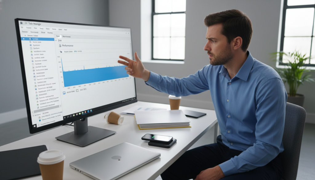 A computer screen displaying the Windows 11 interface, prominently showing a process monitor window indicating 100% disk usage. In the foreground, a professional-looking individual, dressed in business casual attire, appears concerned, pointing at the screen. The middle ground features a cluttered desk with scattered papers, a laptop, and a smartphone displaying notifications, adding to the atmosphere of urgency. The background shows an unadorned office space with soft, ambient lighting to evoke a serious yet professional mood. The camera angle is slightly tilted downward to capture the expression on the individual’s face, emphasizing the stress of high disk usage issues. The overall color tone is cool, with shades of blue and gray, reflecting the technical theme. A computer screen displaying the Windows 11 interface, prominently showing a process monitor window indicating 100% disk usage. In the foreground, a professional-looking individual, dressed in business casual attire, appears concerned, pointing at the screen. The middle ground features a cluttered desk with scattered papers, a laptop, and a smartphone displaying notifications, adding to the atmosphere of urgency. The background shows an unadorned office space with soft, ambient lighting to evoke a serious yet professional mood. The camera angle is slightly tilted downward to capture the expression on the individual’s face, emphasizing the stress of high disk usage issues. The overall color tone is cool, with shades of blue and gray, reflecting the technical theme.