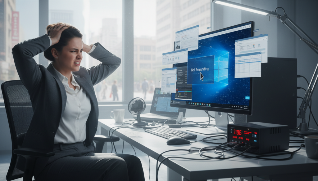 A detailed illustration depicting a desktop computer experiencing freezing issues, set in a modern office environment. In the foreground, show a close-up of a computer screen displaying a frozen Windows interface, with the cursor stuck. Surrounding the computer are common causes of freezing: a cluttered desktop with many open applications, a frustrated user in professional attire leaning back in their chair, and a hardware diagnostic tool nearby. The middle background features a cluttered desk with cables and a cooling fan, highlighting overheating issues. The lighting is bright and focused on the computer, creating a tense and slightly chaotic atmosphere. Soft shadows enhance the mood of frustration and urgency. In the distant background, an open window with outside daylight suggests the outside world is oblivious to the technical troubles inside.