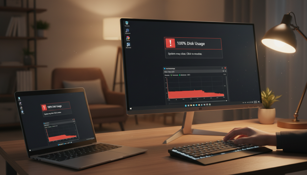 A dynamic and detailed scene depicting a computer screen displaying the Windows 11 interface with an alert for "100% Disk Usage". In the foreground, there’s a sleek modern desk with a stylish laptop open, showcasing the disk usage window in clear detail. In the middle ground, a partially visible hand is actively reaching towards the keyboard, suggesting engagement with the issue. The background is softly blurred to emphasize the screen, featuring a cozy, home-office environment with soothing lighting that captures a calm yet focused atmosphere. The light should be warm, casting gentle shadows and creating a professional vibe, evoking a sense of urgency and the need for quick fixes. A dynamic and detailed scene depicting a computer screen displaying the Windows 11 interface with an alert for "100% Disk Usage". In the foreground, there’s a sleek modern desk with a stylish laptop open, showcasing the disk usage window in clear detail. In the middle ground, a partially visible hand is actively reaching towards the keyboard, suggesting engagement with the issue. The background is softly blurred to emphasize the screen, featuring a cozy, home-office environment with soothing lighting that captures a calm yet focused atmosphere. The light should be warm, casting gentle shadows and creating a professional vibe, evoking a sense of urgency and the need for quick fixes.