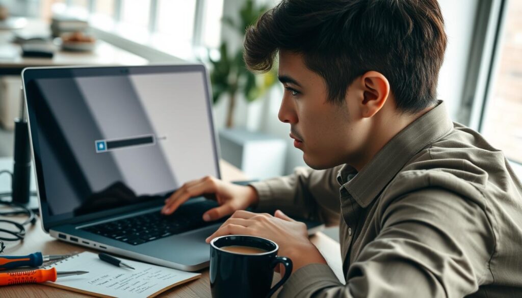 A focused, professional setting illustrating a computer troubleshooting scene for "fixing Windows Update." In the foreground, a close-up of a person, dressed in smart casual attire, sitting at a well-organized desk, intently examining a laptop screen displaying a Windows Update progress bar stuck at a certain percentage. Their expression shows determination and focus. In the middle layer, scattered around the desk, are technical tools like screwdrivers, a notebook with handwritten troubleshooting steps, and a cup of coffee, indicating a proactive approach. The background reveals a modern office environment with soft, natural lighting coming through a window, creating a calm and productive atmosphere. The image captures the essence of quick, safe fixes in a tech-savvy workspace.