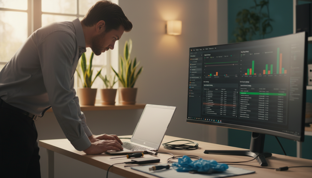 A focused workspace showcasing quick fixes for slow boot issues on a Windows computer. In the foreground, a technician in professional attire is working on a laptop, surrounded by essential tools like a screwdriver, external SSD, and cables. The middle ground features a large monitor displaying a system diagnostics screen, complete with graphs and fast-boot settings highlighted. In the background, a clean and organized office space with potted plants and soft ambient lighting creates a calm atmosphere. The image is captured with a shallow depth of field, emphasizing the technician and laptop while slightly blurring the background. Natural lighting from a nearby window casts a warm glow, enhancing the sense of productivity and focus.