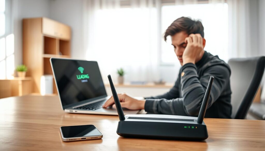A frustrated individual sitting at a modern desk, using a sleek laptop that displays a loading icon on the screen. In the foreground, a smartphone next to the laptop shows a stable WiFi signal, contrasting with the laptop's struggle. The middle ground features a WiFi router emitting weak signals illustrated by fading waves. The background includes a bright, clean home office environment with soft sunlight filtering through a window, casting gentle shadows. The scene conveys a sense of confusion and urgency. Use a slightly elevated angle to capture the details, ensuring clear visibility of the devices and their states. The overall mood should be focused yet slightly tense, emphasizing the frustration of slow connectivity exclusive to the laptop.