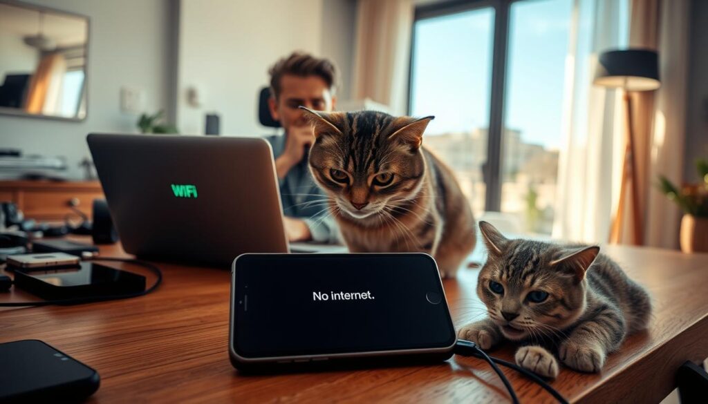 A frustrated individual sitting at a modern wooden desk, surrounded by a clutter of tech devices, looking at a laptop with a spinning loading icon on the screen. In the foreground, a close-up of the laptop's WiFi signal indicator shows dropping bars. The middle ground includes a smartphone displaying a "No Internet" message, while a visibly annoyed cat sits nearby, playfully biting the charging cable. The background reveals a stylish, well-lit home office with a large window, sunlight streaming in, casting soft shadows. The atmosphere conveys a mix of irritation and casual home life, using warm lighting to bring a sense of relatability to the scene, captured with a shallow depth of field for focus.