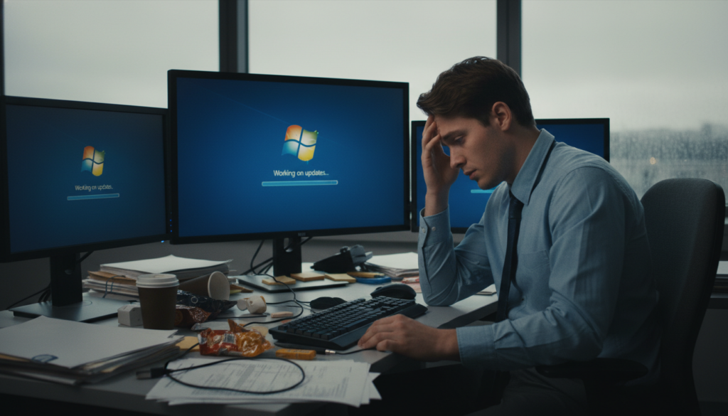 A frustrated office worker sits at a cluttered desk, surrounded by multiple computer screens displaying the Windows update progress bar, which is stuck or slow. The foreground features the worker, a young adult in professional business attire, with a concerned expression while rubbing their temple in frustration. In the middle, the computer screen prominently showcases the Windows logo and a loading animation, while the workspace is filled with scattered papers and coffee cups to reflect a stressful environment. The background displays a softly lit room, with a window revealing an overcast sky, adding to the atmosphere of unease and frustration. Use soft, ambient lighting to create a moody and tense scene, shot from a slightly elevated angle to emphasize the worker’s plight.