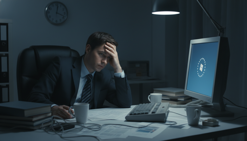 A frustrated user sits at a cluttered desk, staring at their computer screen displaying a slow Windows boot screen with loading dots. In the foreground, the user is portrayed in professional business attire, leaning back in their chair with a hand on their forehead, symbolizing impatience. The middle layer captures the glowing screen, showcasing a spinning circle with a faint blue background typical of Windows, while scattered around the desk are papers and an old mechanical keyboard, adding a touch of chaos. The background features a dimly lit room with a wall clock showing late hours, creating a sense of urgency. Soft overhead lighting casts subtle shadows, enhancing the mood of bemusement while the atmosphere reflects frustration and tech fatigue.