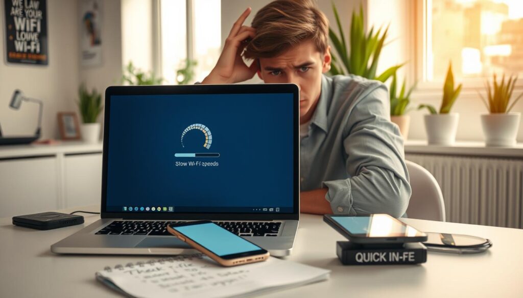 A frustrated young professional sitting at a desk, looking at a laptop screen displaying a loading icon, symbolizing slow Wi-Fi speed, while a smartphone nearby shows a fast internet connection. The desktop environment is well-organized, featuring a notepad with quick fix strategies scribbled down. The laptop has visible connection icons indicating weak Wi-Fi strength. Soft, natural lighting filters in through a nearby window, casting a warm glow over the scene. The background shows a clean, modern office with potted plants and motivational posters. The mood is one of determination, as the individual appears eager to resolve the connection issue. Use a close-up angle to capture their expression and the details on the screens, emphasizing the contrast between the devices.