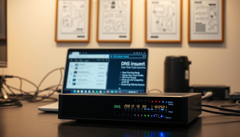 A modern desk setup featuring a sleek, illuminated DNS server unit prominently in the foreground, displaying a series of blinking lights indicating data activity. In the middle, a laptop screen shows a user-friendly troubleshooting menu with a simple step-by-step guide to fixing DNS issues. The background includes a blurred array of network cables and a wall with framed technical diagrams related to internet connectivity. The lighting is soft and focused, highlighting the server and laptop while casting gentle shadows to create a calm, tech-savvy atmosphere. The overall mood is professional and informative, conveying the essence of computer troubleshooting technology in a straightforward manner.