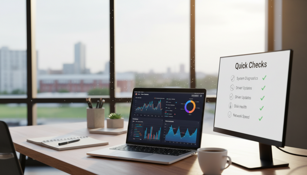 A modern office environment showcasing a computer workstation in the foreground. The focus is on a professional laptop displaying performance metrics, such as CPU and RAM usage charts, in vibrant colors. Beside the laptop, a sleek external monitor shows a checklist titled "Quick Checks" with icons representing diagnostics. In the middle ground, a neatly organized desk includes a notepad and a cup of coffee, creating a work-friendly atmosphere. The background features a large window with natural light streaming in, illuminating the space and giving it an inviting mood. The composition should convey productivity and focus, with a slight depth of field effect to highlight the workstation. The scene is crisp and well-lit, emphasizing the importance of quick checks for system performance.