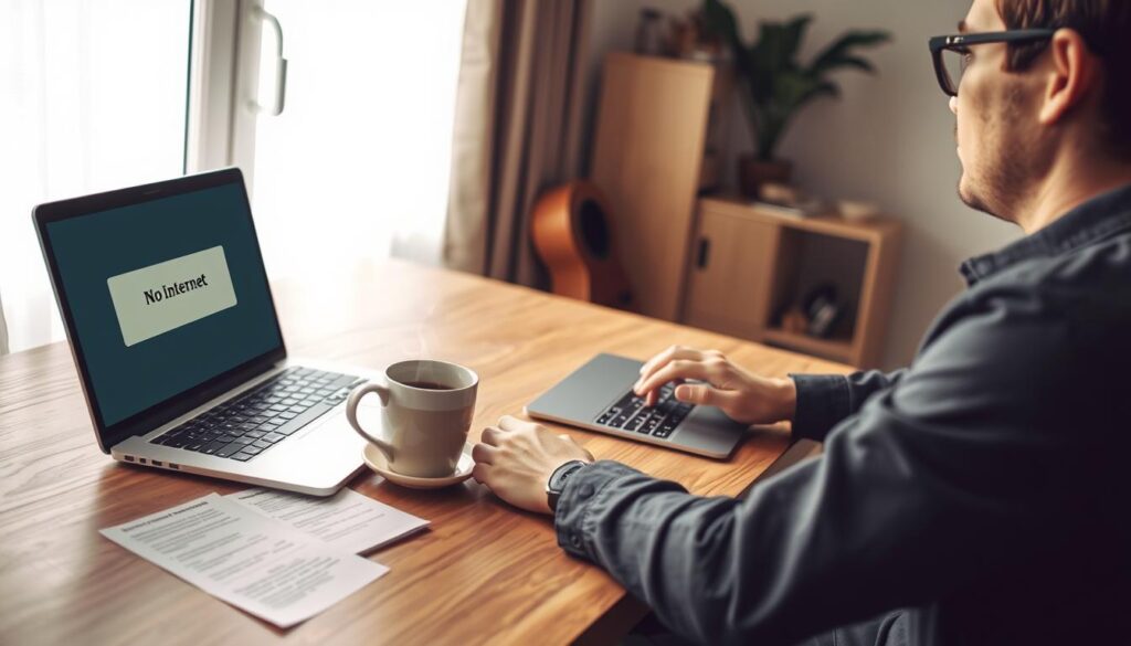A person sitting at a modern wooden desk in a cozy home office, looking frustrated while staring at a laptop screen displaying a "No Internet" error message. The foreground features the open laptop with a detailed view of the error message and the person typing on the keyboard. In the middle, a steaming coffee cup and scattered notes about WiFi troubleshooting tips are arranged next to the laptop, adding to the scene's context. The background shows a bright window with natural light streaming in, softening the atmosphere and creating a relatable mood. The person is dressed in smart casual attire, emphasizing a professional yet relaxed setting. The overall tone is one of mild frustration and determination as they seek a quick fix.