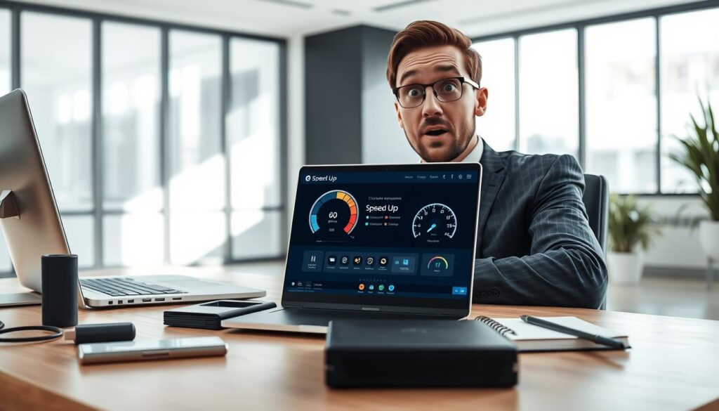 A sleek, modern workspace featuring a surprised-looking professional in business attire, seated at a desk with a high-tech laptop displaying performance graphs and speedometers, symbolizing system optimization. In the foreground, various tools like external drives and a digital notepad are neatly organized. In the middle ground, the screen actively shows a "speed up" software interface with vibrant graphics, indicating improved performance and efficiency. The background showcases a bright, minimalist office with natural light streaming through large windows, evoking a sense of productivity and clarity. The overall atmosphere is dynamic and motivating, emphasizing effective solutions for enhancing Windows performance without complications. The angle should be slightly tilted to capture the energy of the workspace.