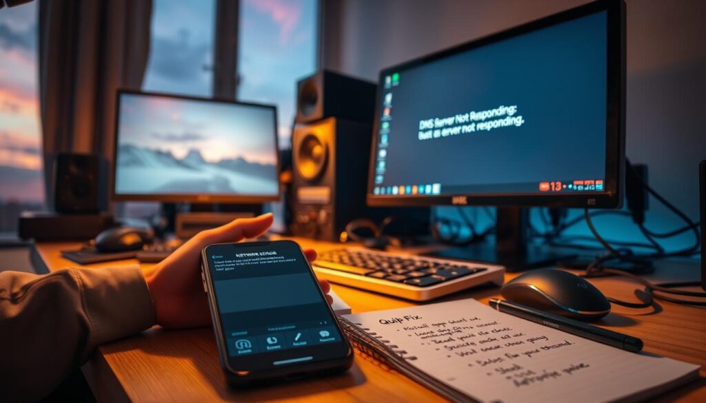 A tech-savvy individual troubleshooting a computer at a desk cluttered with networking equipment, with a focus on a glowing computer screen displaying a network error message indicating "DNS Server Not Responding." In the foreground, tools like a smartphone with a troubleshooting app open and a notepad filled with quick fix notes. The middle ground features a desktop with a keyboard and mouse nearby, while in the blurred background, there's a window showing a pastel sky, suggesting a calm atmosphere for problem-solving. The scene is illuminated with soft, warm lighting, evoking a reassuring mood. The angle is slightly elevated, providing a comprehensive overview of the desk setup.