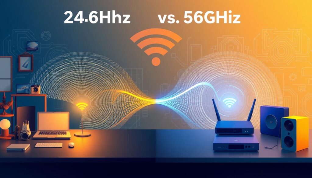 A visually striking split-screen illustration depicting the difference between 2.4GHz and 5GHz WiFi signals. In the foreground, on the left side, an enhanced 2.4GHz signal represented by a wave pattern, surrounded by various everyday devices like an older laptop, a smartphone, and smart home gadgets, under warm lighting. On the right side, the 5GHz signal shown as a stronger, more vibrant wave, accompanied by modern devices such as a gaming console and high-tech router, illuminated under cooler, sharper LED lighting. The middle ground features a subtle gradient indicating transition, while the background includes a stylized tech blueprint or circuitry design, adding depth to the composition. The atmosphere should feel informative yet inviting, appealing to tech enthusiasts and general readers alike.