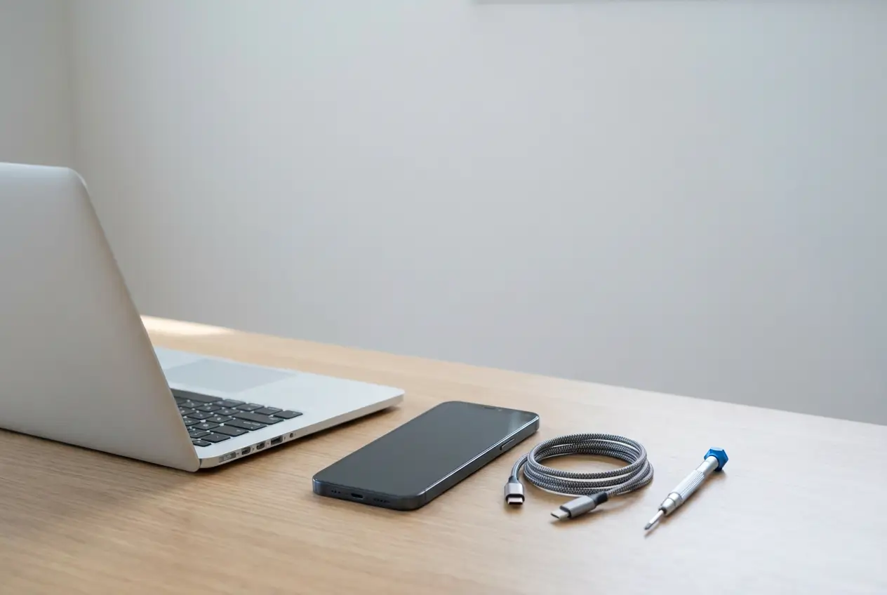 Woman using laptop and smartphone at desk