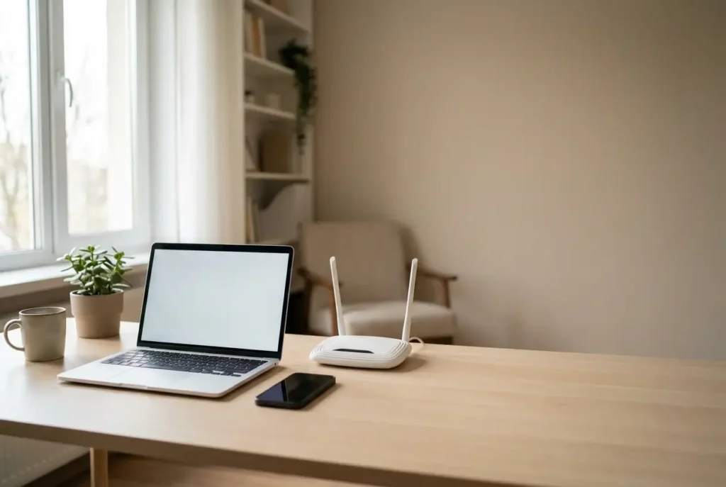 Minimalist workspace with laptop and plants