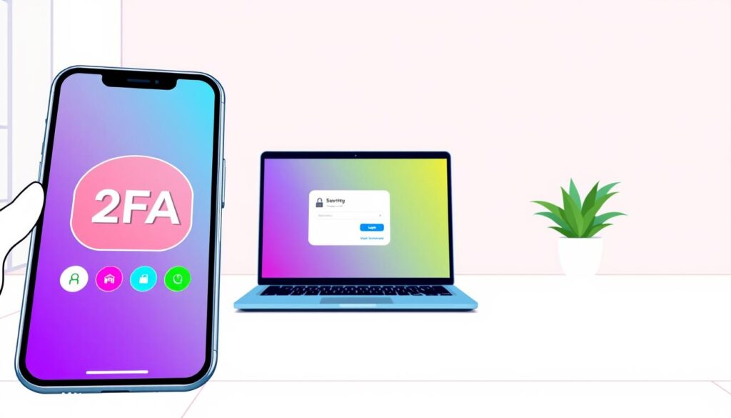 A clean and modern illustration depicting a two-factor authentication (2FA) setup guide. In the foreground, show a close-up of a smartphone displaying a 2FA app interface with vibrant colors and icons indicating security features. In the middle, place a laptop with a web browser open, showing a login page with a simple security prompt. The background features a bright and minimalistic office environment, with a soft-focus on a desk and a potted plant to evoke a professional yet approachable atmosphere. The lighting is bright and even, simulating natural daylight. The angle is slightly elevated, offering a comprehensive view of the setup process while ensuring a friendly and educational feel, ideal for beginners.