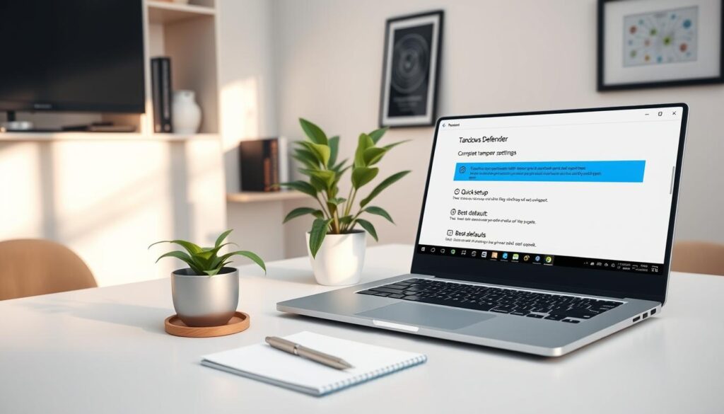 A clean, modern workspace featuring a detailed desktop setup focused on tamper protection settings. In the foreground, a sleek laptop displaying a Windows Defender interface with highlighted options for quick setup and best defaults. Alongside the laptop, there is a notepad with a pen, symbolizing organization and clarity. In the middle, a potted plant enhances the natural ambiance, while a soft, warm light from a nearby window casts gentle shadows, creating a serene atmosphere. The background includes minimalist shelves with IT-related books and a framed picture of a network diagram, suggesting a tech-savvy environment. The overall mood is informative and inviting, encouraging users to engage with their device security.