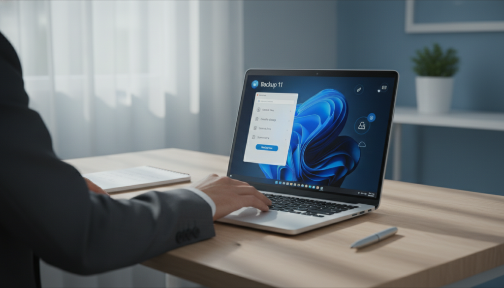 A close-up compositional image focusing on a sleek, modern laptop displaying the Windows 11 backup interface on its screen, set in a minimalistic home office environment. In the foreground, there’s a hand reaching towards the laptop’s keyboard, suggesting an action of initiating the backup process. The middle layer features a clean desk with a few essential office items like a notepad and a pen, emphasizing organization and clarity. The background shows a softly lit room, with a calming color palette of blues and whites, enhancing a productive and peaceful atmosphere. Gentle daylight filters through a window, casting subtle shadows, creating depth. The overall mood conveys simplicity and approachability, perfect for beginners learning about Windows backup.