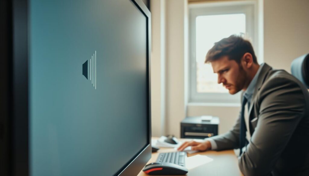 A close-up of a Windows 10 computer screen showing a muted audio icon with a diagonal line across it, indicating that the sound is not working. In the foreground, a frustrated individual in professional attire, sitting at a desk, is focused on the screen with a puzzled expression. The middle ground features a simple office setup with a keyboard, mouse, and scattered papers. In the background, there is a window with soft, natural light streaming in, creating a warm yet tense atmosphere. The image is taken from a slightly elevated angle, capturing both the screen and the user's reaction, evoking a sense of urgency and confusion regarding common audio issues.