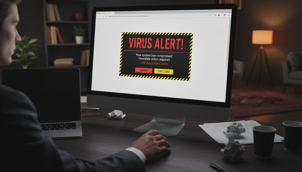 A close-up view of a computer screen displaying a Chrome browser with a suspicious notification pop-up labeled "Virus Alert!" The foreground showcases the notification in stark detail, with bright red and yellow colors to evoke urgency, surrounded by a dimly lit workspace featuring a laptop and scattered papers. In the middle ground, a person's hand, dressed in professional attire, hovers hesitantly over the mouse, suggesting indecision. The background is slightly blurred, depicting a cozy home office with soft ambient lighting, adding to the tense atmosphere. The image captures the mood of anxiety and caution around digital security threats, emphasizing the intrusive nature of notification spam and its impact on user experience.