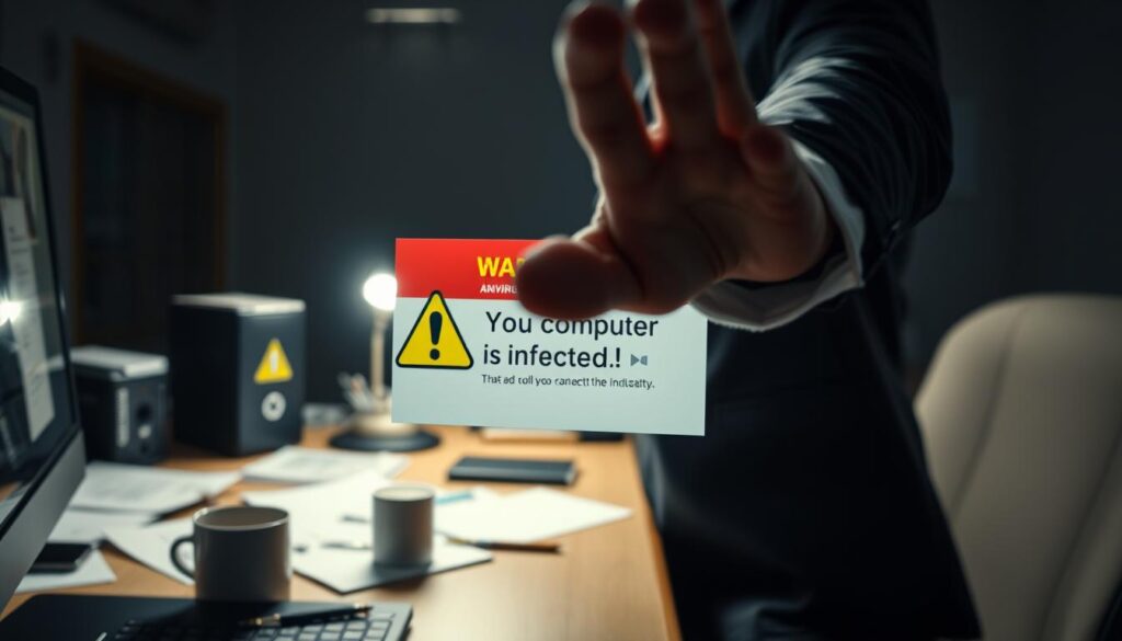 A close-up view of a computer screen displaying a fake antivirus pop-up, prominently featuring colorful graphics and an eye-catching warning message. The foreground highlights the pop-up window, showcasing bold red and yellow colors, with large “Warning!” and “Your computer is infected!” text in a exaggerated style, simulating anxiety. The middle section includes the blurred outline of a concerned person's hand reaching out toward the mouse, dressed in professional attire. In the background, a dimly lit office environment reveals a desk cluttered with papers, a coffee mug, and a laptop, creating a sense of urgency and tension. Soft lighting casts shadows, emphasizing the surreal, alarmist atmosphere surrounding this deceptive alert. A close-up view of a computer screen displaying a fake antivirus pop-up, prominently featuring colorful graphics and an eye-catching warning message. The foreground highlights the pop-up window, showcasing bold red and yellow colors, with large “Warning!” and “Your computer is infected!” text in a exaggerated style, simulating anxiety. The middle section includes the blurred outline of a concerned person's hand reaching out toward the mouse, dressed in professional attire. In the background, a dimly lit office environment reveals a desk cluttered with papers, a coffee mug, and a laptop, creating a sense of urgency and tension. Soft lighting casts shadows, emphasizing the surreal, alarmist atmosphere surrounding this deceptive alert.
