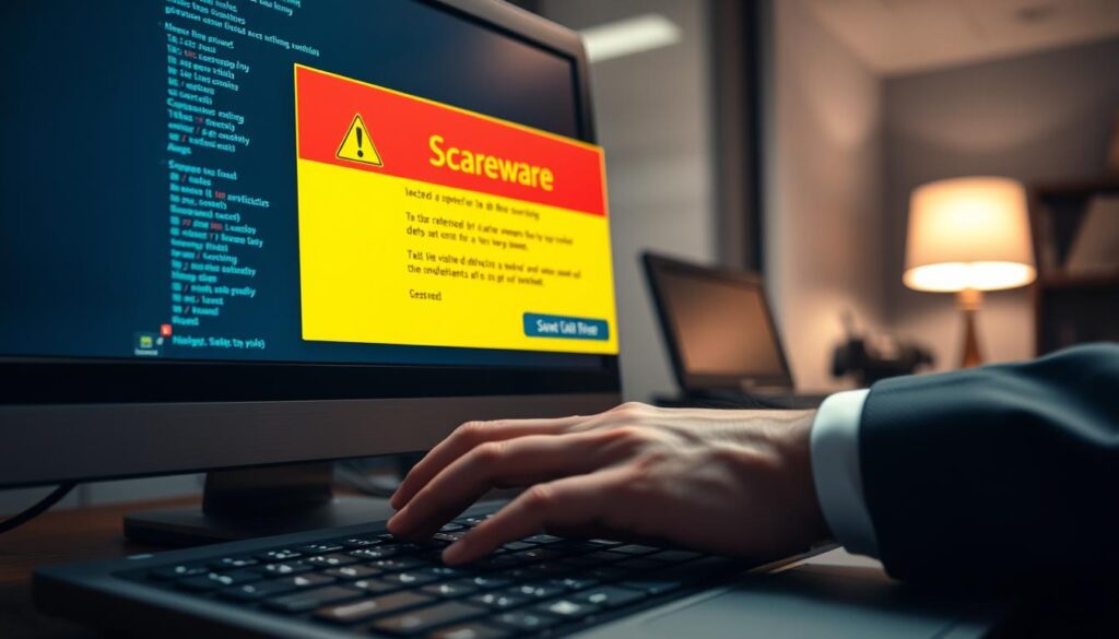 A close-up view of a computer screen displaying a realistic scareware notification pop-up. The pop-up window features alarming colors like red and yellow, with exaggerated messages warning about a fake virus detected on the device. The foreground includes the screen with visible pixels and a mouse cursor hovering over the close button, hinting at urgency. In the middle ground, a pair of hands, dressed in professional business attire, are poised over the keyboard, indicating an attempt to close the notification. The background shows a dimly lit office setting, with a blurred desk and a faint glow from a desk lamp, creating a tense atmosphere. The overall mood is one of urgency and caution, emphasizing the deceptive nature of these pop-ups. A close-up view of a computer screen displaying a realistic scareware notification pop-up. The pop-up window features alarming colors like red and yellow, with exaggerated messages warning about a fake virus detected on the device. The foreground includes the screen with visible pixels and a mouse cursor hovering over the close button, hinting at urgency. In the middle ground, a pair of hands, dressed in professional business attire, are poised over the keyboard, indicating an attempt to close the notification. The background shows a dimly lit office setting, with a blurred desk and a faint glow from a desk lamp, creating a tense atmosphere. The overall mood is one of urgency and caution, emphasizing the deceptive nature of these pop-ups.