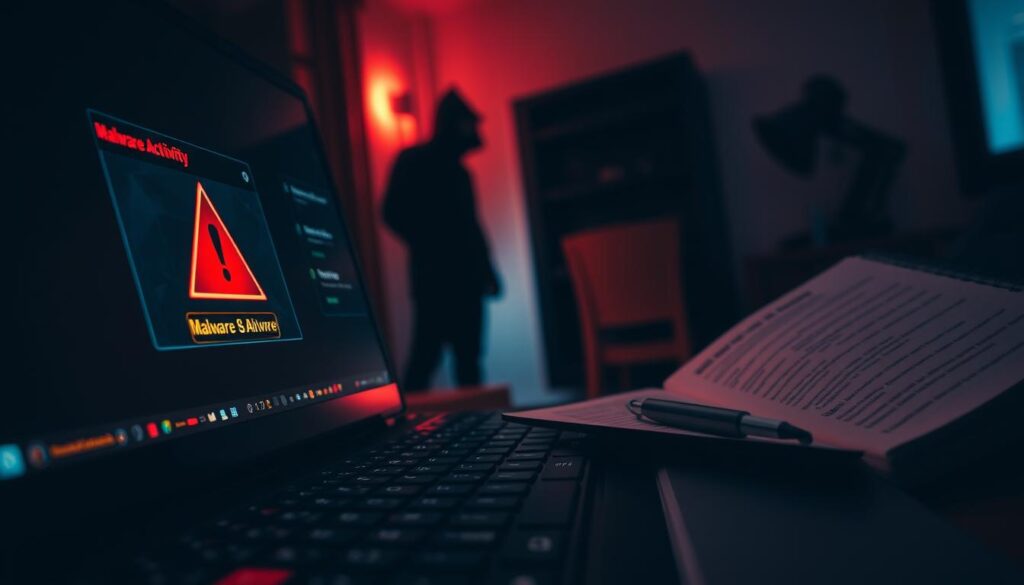 A close-up view of a computer screen displaying alarming signs of malware activity, featuring a series of pop-up alerts and warning messages in vibrant colors. In the foreground, the screen shows a red warning icon with a shadowed figure lurking in the background, representing the unseen presence of malware. The middle layer includes a keyboard with fingerprints and an open notebook filled with security tips. The background features a dimly lit room, evoking a sense of urgency and tension, with a faint glow from the screen illuminating the surroundings. Use soft, dramatic lighting to enhance the mood, capturing the essence of a digital threat in a realistic manner. The perspective should be slightly tilted to suggest disarray and confusion, but remain clear and focused on the screen's alerts. A close-up view of a computer screen displaying alarming signs of malware activity, featuring a series of pop-up alerts and warning messages in vibrant colors. In the foreground, the screen shows a red warning icon with a shadowed figure lurking in the background, representing the unseen presence of malware. The middle layer includes a keyboard with fingerprints and an open notebook filled with security tips. The background features a dimly lit room, evoking a sense of urgency and tension, with a faint glow from the screen illuminating the surroundings. Use soft, dramatic lighting to enhance the mood, capturing the essence of a digital threat in a realistic manner. The perspective should be slightly tilted to suggest disarray and confusion, but remain clear and focused on the screen's alerts.