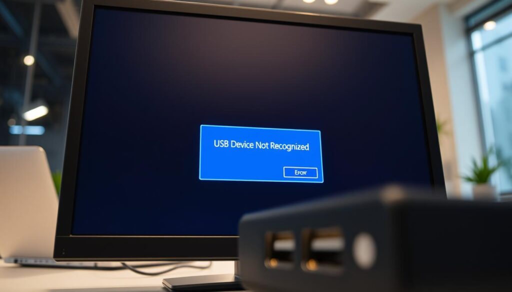 A close-up view of a computer screen displaying the "USB Device Not Recognized" error message, with a soft-focused USB hub in the foreground. The screen shows a clear error prompt in a standard Windows interface, highlighted in blue against a dark background to emphasize the message. In the background, a modern office setting is visible, with a sleek desk, a laptop, and soft ambient lighting that creates a professional atmosphere. The angle is slightly downward, focusing on the screen while allowing the USB devices to be out of focus, enhancing the sense of frustration and confusion associated with a technical issue. The overall mood is one of concern and the urgency to troubleshoot the problem. A close-up view of a computer screen displaying the "USB Device Not Recognized" error message, with a soft-focused USB hub in the foreground. The screen shows a clear error prompt in a standard Windows interface, highlighted in blue against a dark background to emphasize the message. In the background, a modern office setting is visible, with a sleek desk, a laptop, and soft ambient lighting that creates a professional atmosphere. The angle is slightly downward, focusing on the screen while allowing the USB devices to be out of focus, enhancing the sense of frustration and confusion associated with a technical issue. The overall mood is one of concern and the urgency to troubleshoot the problem.