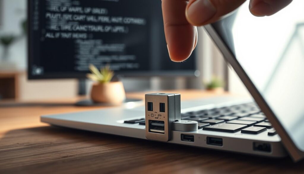 A close-up view of a malfunctioning USB port on a sleek laptop, with subtle signs of wear and damage, such as dust and scratches. The laptop is open on a wooden desk, surrounded by a soft-focus background of a modern office environment with a blurred computer monitor displaying error messages. Natural light streams in from a nearby window, casting gentle shadows and creating a warm yet slightly frustrating atmosphere. The camera angle is slightly tilted, emphasizing the USB port's importance while evoking a sense of urgency. Include a hand in professional attire inspecting the USB port closely, suggesting a troubleshooting effort. The overall mood conveys both the challenge of a technical issue and the calm focus required to resolve it. A close-up view of a malfunctioning USB port on a sleek laptop, with subtle signs of wear and damage, such as dust and scratches. The laptop is open on a wooden desk, surrounded by a soft-focus background of a modern office environment with a blurred computer monitor displaying error messages. Natural light streams in from a nearby window, casting gentle shadows and creating a warm yet slightly frustrating atmosphere. The camera angle is slightly tilted, emphasizing the USB port's importance while evoking a sense of urgency. Include a hand in professional attire inspecting the USB port closely, suggesting a troubleshooting effort. The overall mood conveys both the challenge of a technical issue and the calm focus required to resolve it.