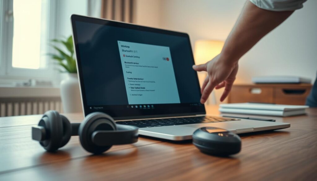 A close-up view of a modern laptop screen displaying a Bluetooth settings interface on Windows 11, showcasing a red error symbol next to a Bluetooth device name, indicating connectivity issues. In the foreground, a pair of wireless headphones sits on an elegant wooden desk, partially out of focus. The middle ground features a hand reaching toward the laptop, poised to troubleshoot. The background is softly blurred, capturing an organized and tidy workspace with a potted plant and an ambient desk lamp casting a warm, inviting glow. The atmosphere conveys a sense of urgency and determination to resolve the issue, with a slight focal depth meant to emphasize the screen and the hand. The overall lighting is bright yet warm, reflecting a professional and calm work environment.