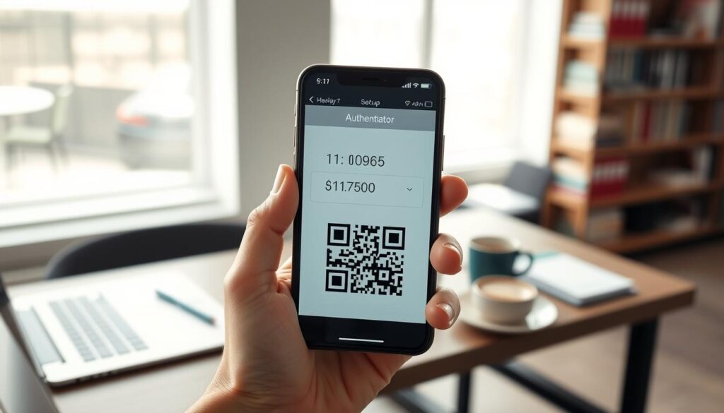 A close-up view of a smartphone displaying an authenticator app setup screen, showcasing numerical codes and a QR code for scanning. The foreground features a hand holding the phone, elegantly positioned to emphasize the app interface. In the middle ground, a modern office desk with a laptop, a notepad, and a cup of coffee creates a professional setting. The background includes blurred shelves filled with tech books, suggesting a learning environment. Soft, natural lighting illuminates the scene, enhancing clarity and focusing attention on the phone. The overall mood is productive and informative, ideal for beginners engaging in two-factor authentication setup.