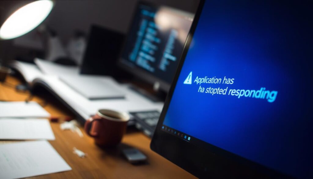 A close-up view of a Windows computer desktop displaying a crashed application window. The foreground features a blue error message box with a prominent "Application Has Stopped Responding" text, crackling lines to indicate malfunction. The middle ground includes an open task manager showing multiple processes, hinting at system strain. In the background, a blurred view of a messy desk with scattered documents and a cup of coffee, suggesting frustration. Soft overhead lighting casts a somber mood, emphasizing the feeling of technological failure. The camera angle is slightly tilted, creating a dynamic sense of unease, while the overall atmosphere evokes a feeling of confusion and troubleshooting as users grapple with their technology.