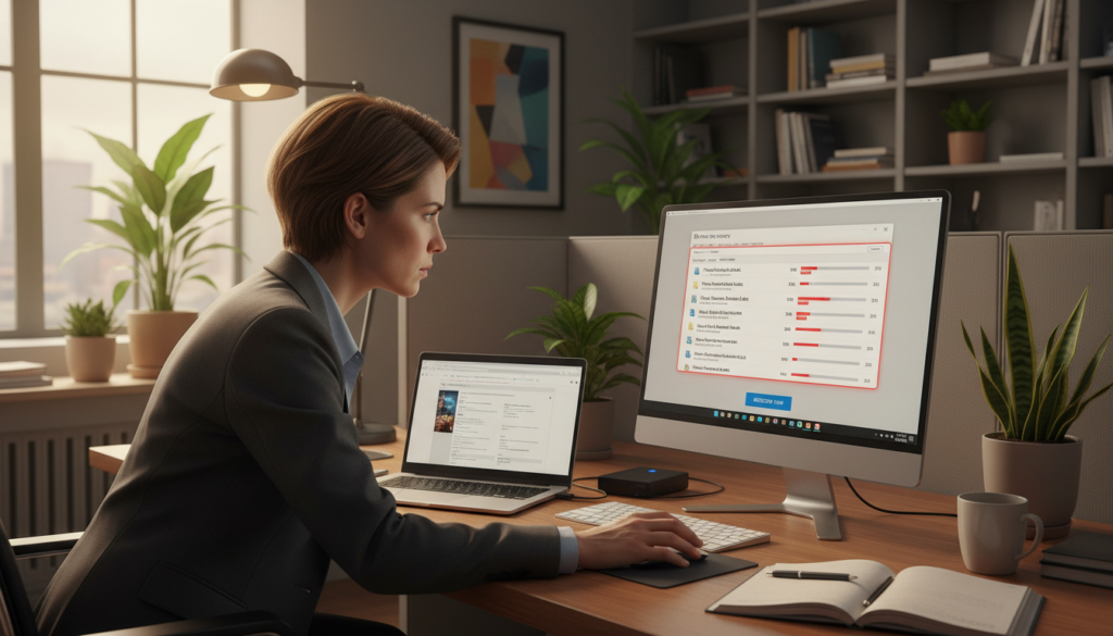 A computer screen displaying the Windows 11 interface, prominently showing a file recovery program in action with deleted files being highlighted. In the foreground, a focused professional with short brown hair, dressed in a smart casual outfit, sits at a cluttered desk, eyes fixated on the screen. The middle ground features a modern office setup, with a sleek laptop, external hard drive, and notepads, illuminated by soft, warm lighting that creates an inviting and productive atmosphere. The background includes shelves with books and office plants. The overall mood is one of urgency and determination, as if the professional is taking immediate steps to recover important data, conveying a sense of hope and action.