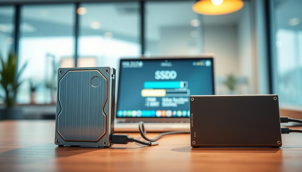 A dynamic and informative illustration contrasting an external hard disk drive (HDD) and a solid-state drive (SSD) on a modern desk. In the foreground, the HDD with a metallic casing stands beside the more compact, sleek SSD, both connected via USB cables. The middle ground showcases a glowing laptop screen displaying a backup progress bar, symbolizing data transfer. In the background, a soft-focus office environment with ambient natural lighting filters through a window, casting subtle shadows and enhancing the technical atmosphere. The composition captures a professional mood, inviting the viewer to contemplate the efficiency of backup solutions in 2026. Utilize a sharp focus lens to highlight the drives' textures, while softly blurring the background elements for depth.