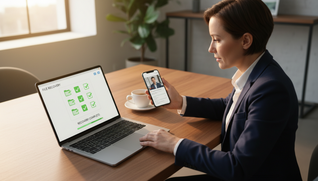 A focused digital workspace scene depicting a user recovering deleted files on a Windows 11 computer. In the foreground, a sleek laptop displays a user-friendly file recovery interface with bright, clear icons symbolizing restored files, arranged neatly. The screen features vibrant colors, with a green progress bar indicating successful recovery. In the middle ground, a professional in smart casual attire, intently focused on the laptop, is holding a smartphone in one hand for additional guidance. The background includes a softly lit modern office with a plant and a cup of coffee, creating an inviting and productive atmosphere. Soft, natural light filters in through a window, casting gentle shadows, enhancing the calm and focused mood of the scene. The angle is a slight overhead view to capture both the screen and the user’s expression.