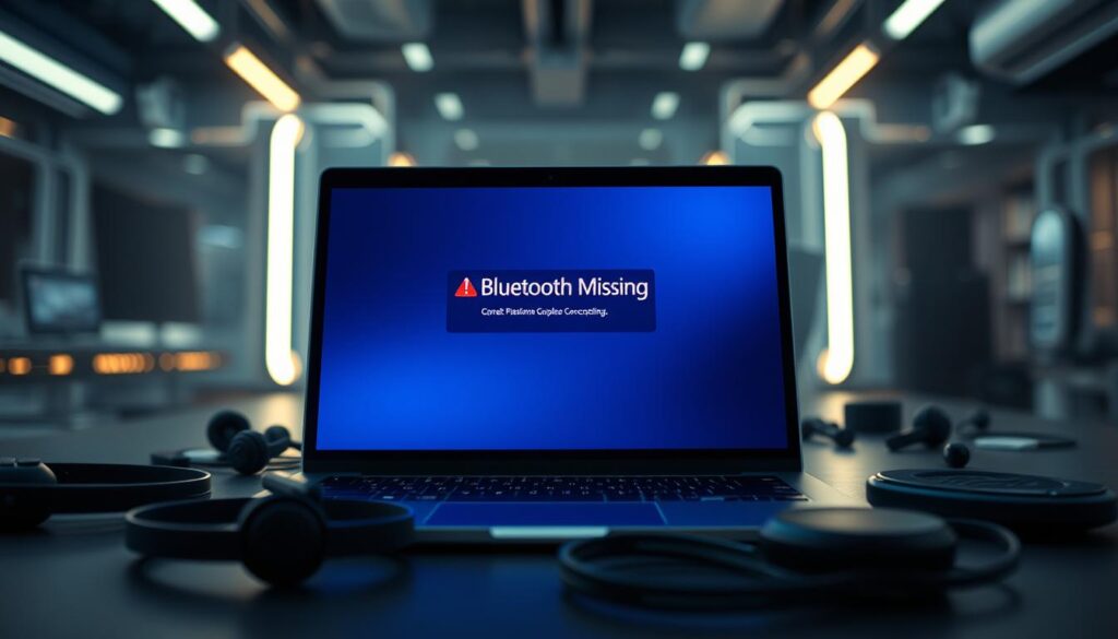 A high-tech digital landscape illustrating the concept of Bluetooth connectivity issues in Windows 11. In the foreground, a sleek, modern laptop screen displaying a "Bluetooth Missing" error message, with vibrant red alert icons. The middle ground features scattered Bluetooth devices such as headphones and speakers, subtly blurred to emphasize the foreground. The background shows a soft-focus, futuristic workspace with dim ambient lighting for a slightly tense atmosphere, hinting at frustration. Capture the scene from a slight angle, using a shallow depth of field to highlight the laptop while keeping the devices out of focus. The overall mood conveys a sense of urgency and concern over common tech issues, fitting the theme of troubleshooting in a modern office environment.