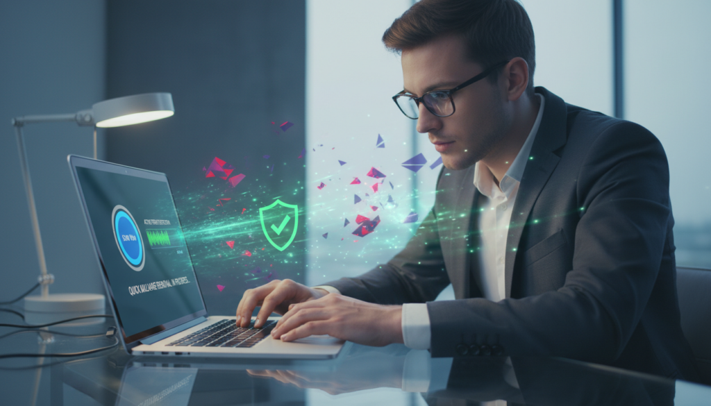 A high-tech digital workspace scene illustrating "quick malware removal." In the foreground, an open laptop screen displays a user-friendly antivirus interface with a prominent "Scan Now" button. An animated progress bar indicates active malware scanning in vibrant green, symbolizing safety and speed. In the middle ground, a focused individual in professional business attire intently examines the laptop, their face illuminated by the screen's soft blue light, reflecting determination and urgency. The background features abstract, colorful graphical representations of malware being eradicated, with glowing effects to enhance the sense of quick action. The overall atmosphere is one of efficiency and clarity, bathed in bright, focused lighting, creating a modern, tech-savvy ambiance. A high-tech digital workspace scene illustrating "quick malware removal." In the foreground, an open laptop screen displays a user-friendly antivirus interface with a prominent "Scan Now" button. An animated progress bar indicates active malware scanning in vibrant green, symbolizing safety and speed. In the middle ground, a focused individual in professional business attire intently examines the laptop, their face illuminated by the screen's soft blue light, reflecting determination and urgency. The background features abstract, colorful graphical representations of malware being eradicated, with glowing effects to enhance the sense of quick action. The overall atmosphere is one of efficiency and clarity, bathed in bright, focused lighting, creating a modern, tech-savvy ambiance.