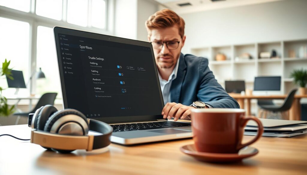 A modern home office scene, emphasizing a laptop with visible sound settings on the screen, showcasing a troubleshooting guide for audio issues. In the foreground, place a pair of professional-looking headphones and a cup of coffee, indicating a focused work environment. The middle layer features a person in smart casual attire, intently examining the laptop screen, with a concerned yet determined expression. In the background, a well-lit room filled with sleek office furniture, soft natural light glowing through a window, creating an inviting atmosphere. The overall mood conveys productivity and problem-solving, with a slight depth of field to focus on the laptop and the person, illustrating the theme of finding quick audio fixes in Windows. A modern home office scene, emphasizing a laptop with visible sound settings on the screen, showcasing a troubleshooting guide for audio issues. In the foreground, place a pair of professional-looking headphones and a cup of coffee, indicating a focused work environment. The middle layer features a person in smart casual attire, intently examining the laptop screen, with a concerned yet determined expression. In the background, a well-lit room filled with sleek office furniture, soft natural light glowing through a window, creating an inviting atmosphere. The overall mood conveys productivity and problem-solving, with a slight depth of field to focus on the laptop and the person, illustrating the theme of finding quick audio fixes in Windows.