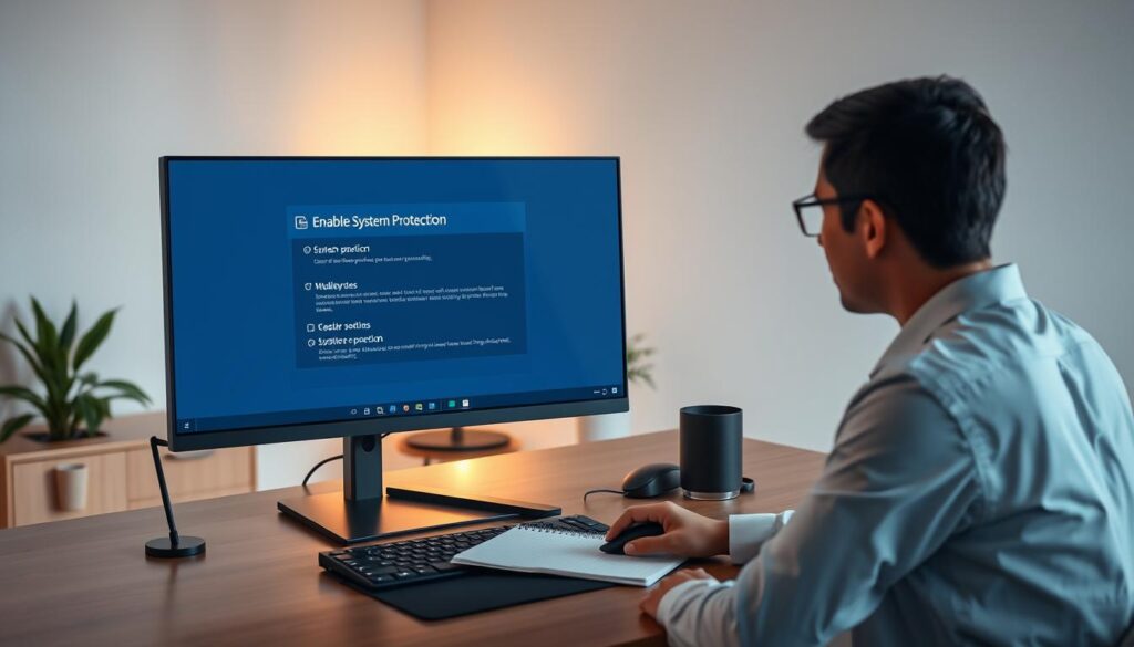 A modern, sleek computer desk setup featuring a high-resolution monitor displaying the "Enable System Protection" dialogue in Windows 11. The foreground contains a person in professional business attire, concentrated as they navigate the system settings with a mouse. In the middle, a well-organized workspace with a keyboard, notebook, and a stylish desk lamp casting soft, warm light creates a focused atmosphere. The background shows a minimalist office with soft pastel walls and a potted plant, enhancing the calm and productive mood. The lighting is bright and clear, with a focus on the screen, highlighting the importance of system protection. The scene should convey efficiency and professionalism, inviting viewers to engage with the content.