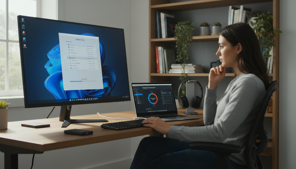 A sleek, modern computer desk in a well-lit home office. In the foreground, a high-resolution monitor displays a Windows 11 interface with a prominent "Backup Files" window open, showcasing various folders and files to back up. The middle ground features a stylish laptop with backup software running, and an external hard drive connected via USB, emphasizing data protection. The background has a bookshelf filled with tech books and plants, creating a cozy yet professional atmosphere. Soft sunlight filters through a nearby window, casting gentle shadows and highlighting the importance of digital organization and security. The composition should evoke a sense of clarity and focus on technology, ideal for beginners learning about data backups.