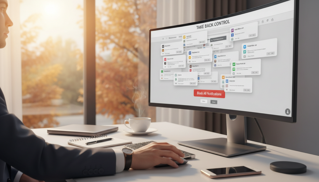 A sleek, modern workspace featuring a computer screen displaying a browser window with numerous notification requests from various websites. In the foreground, a hand reaches towards a mouse, poised to click on a ‘block notifications’ button, highlighting the concept of stopping unwanted ads. The middle ground reveals organized desk items like a smartphone, notepad, and a coffee cup, emphasizing a productive environment. The background shows a softly blurred window with autumn foliage outside, creating a warm ambiance. Use bright and warm lighting to evoke a sense of clarity and focus. The overall mood should be proactive and solution-oriented, portraying the idea of regaining control over online experiences.