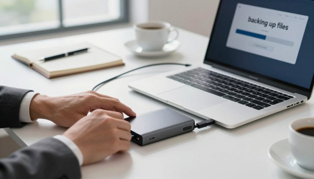 A sleek, modern workspace featuring a person's hands connecting an external hard drive to a laptop. In the foreground, neatly arranged cables and a portable external hard drive are visible, with the laptop screen displaying a 'backing up files' progress bar. In the middle ground, soft-focus details of a well-organized desk with notebooks and a cup of coffee create a productive atmosphere. The background features a window with natural light streaming in, casting gentle shadows, enhancing the mood of focus and efficiency. The scene conveys a sense of professionalism and a calm, organized environment, perfect for a quick tech setup. Emphasize the colors of technology—metallic grays and blues—with a bright yet soft overall lighting.