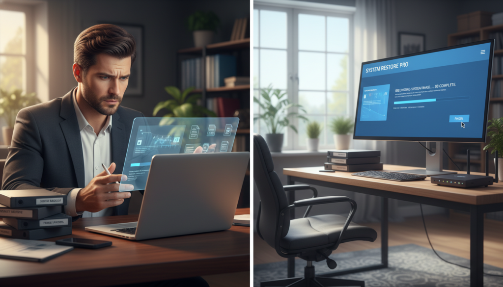 A split screen illustration depicting the concept of "system image recovery needs." On the left, a professional-looking individual in business attire sits at a sleek, modern desk, closely examining files on a laptop, with a concerned expression. They are surrounded by backup drives and labeled folders to signify organization and preparedness. The lighting is warm and focused on the individual, creating a sense of urgency. On the right, a serene home office setting with a large screen displaying a system image recovery software interface, surrounded by tech devices such as external hard drives and network equipment. The background shows a calm room with natural light streaming in, conveying a sense of assurance. The entire scene should evoke an atmosphere of professionalism and clarity, emphasizing the importance of system image recovery.