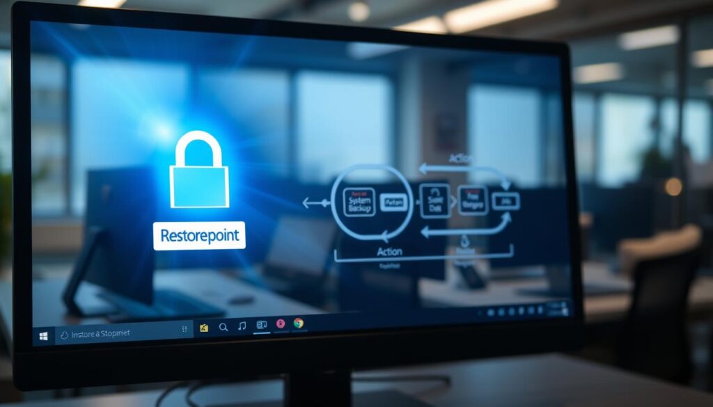 A visually engaging representation of a computer screen displaying a conceptual illustration of a restore point in Windows 11. In the foreground, a virtual interface with a glowing, labeled restore point icon, radiating vibrant blue light to signify action and security. In the middle ground, a graphic flowchart showing processes like system backup, recovery, and stability, with arrows depicting data movement. The background features a blurred office scene with a modern desktop setup, soft ambient lighting creating a calm and professional atmosphere. The image should evoke feelings of safety and reliability, showcasing the importance of restore points in system management, captured from a slight bird's-eye view to enhance depth and focus.