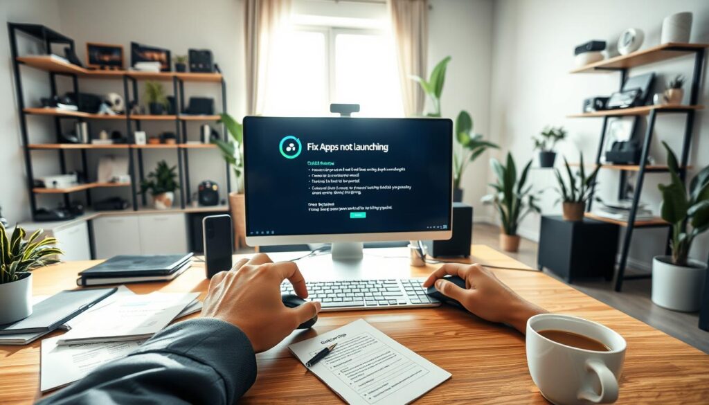 A well-lit workspace featuring a modern computer with a large monitor displaying a "fix apps not launching" troubleshooting interface. In the foreground, a person's hands are actively engaged in fixing the issue, using a mouse and keyboard. The person is dressed in smart casual attire, conveying professionalism. In the middle ground, scattered around the desk are technical manuals, a notepad with quick tips, and a cup of coffee. The background shows a tidy room with shelves filled with tech gadgets and plants, providing a calm and focused atmosphere. Soft natural light streams in through a window, casting gentle shadows for warmth, while the overall mood is one of determination and problem-solving.